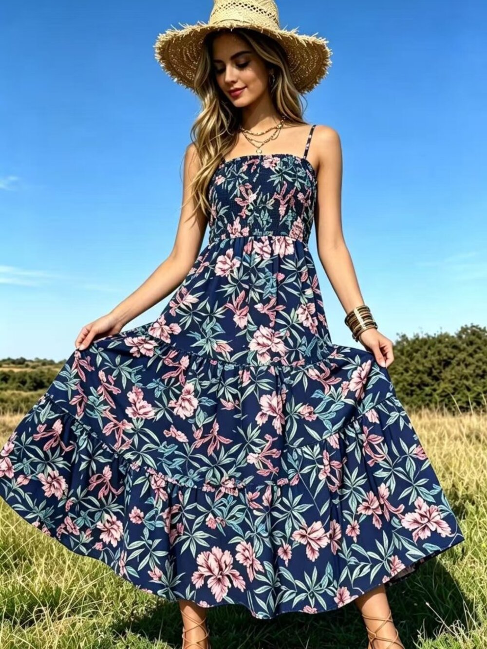 Sleeveless Slip Maxi Dress Navy Floral, L